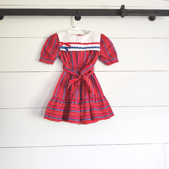 Jane Darling Striped Red Blue Girl's Dress USA 80s 90s Country Cottage Size 4 - Picture 1 of 7